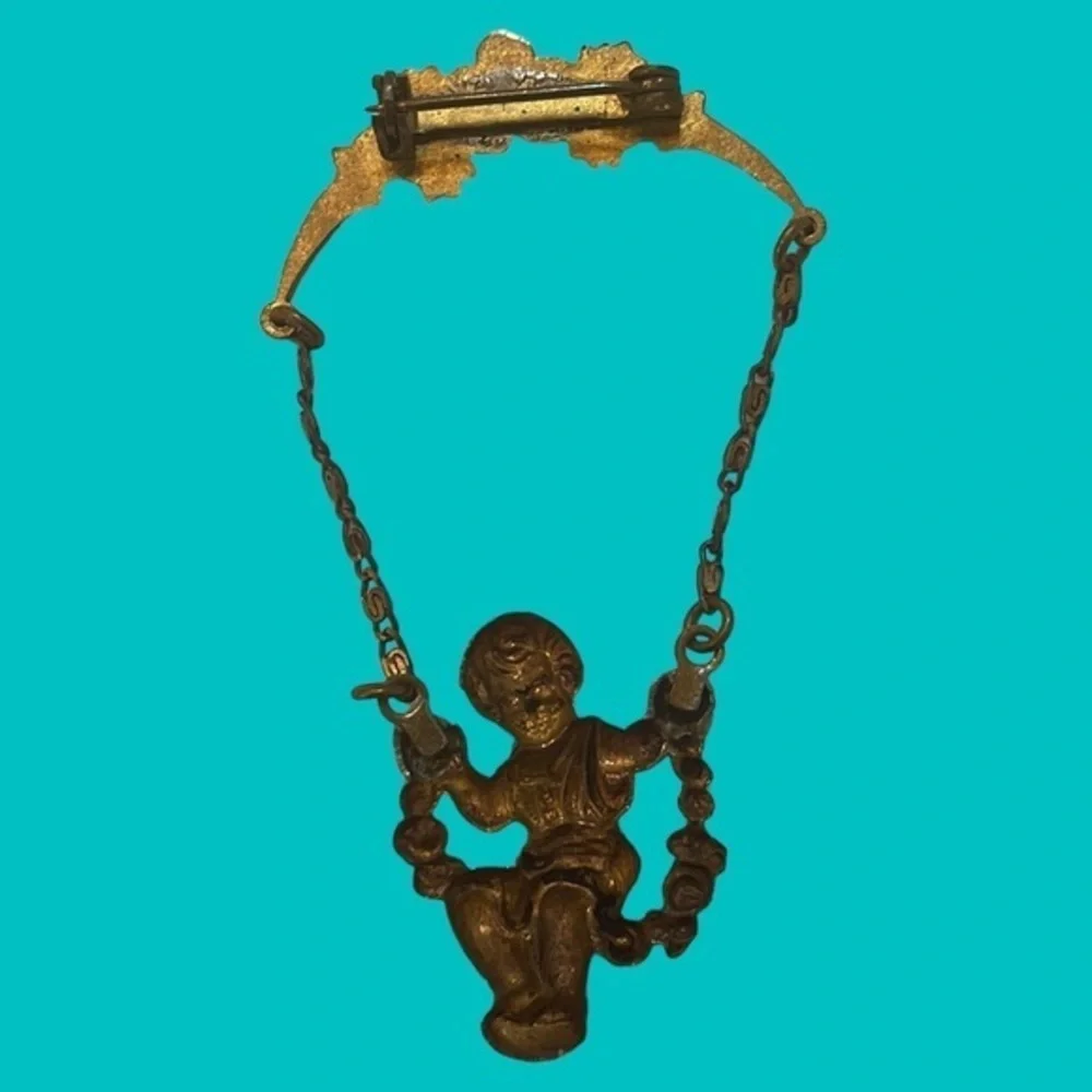 RARE 1920s VINTAGE MIXED METALS CHERUB ANGEL SWINGING ON SWING BROOCH‎